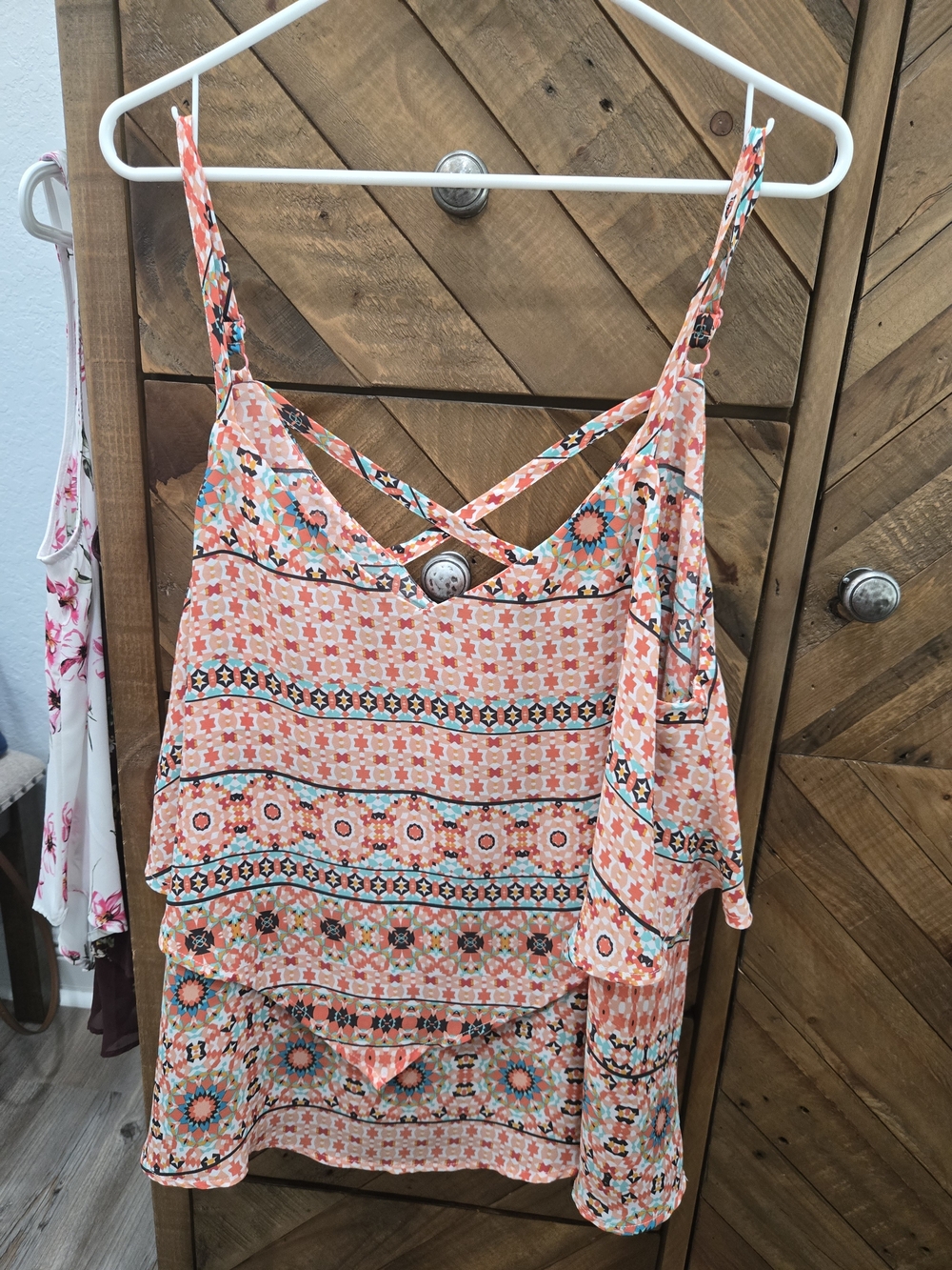 Torrid  Peach & Teal Floral Geometric Strappy Top 1x